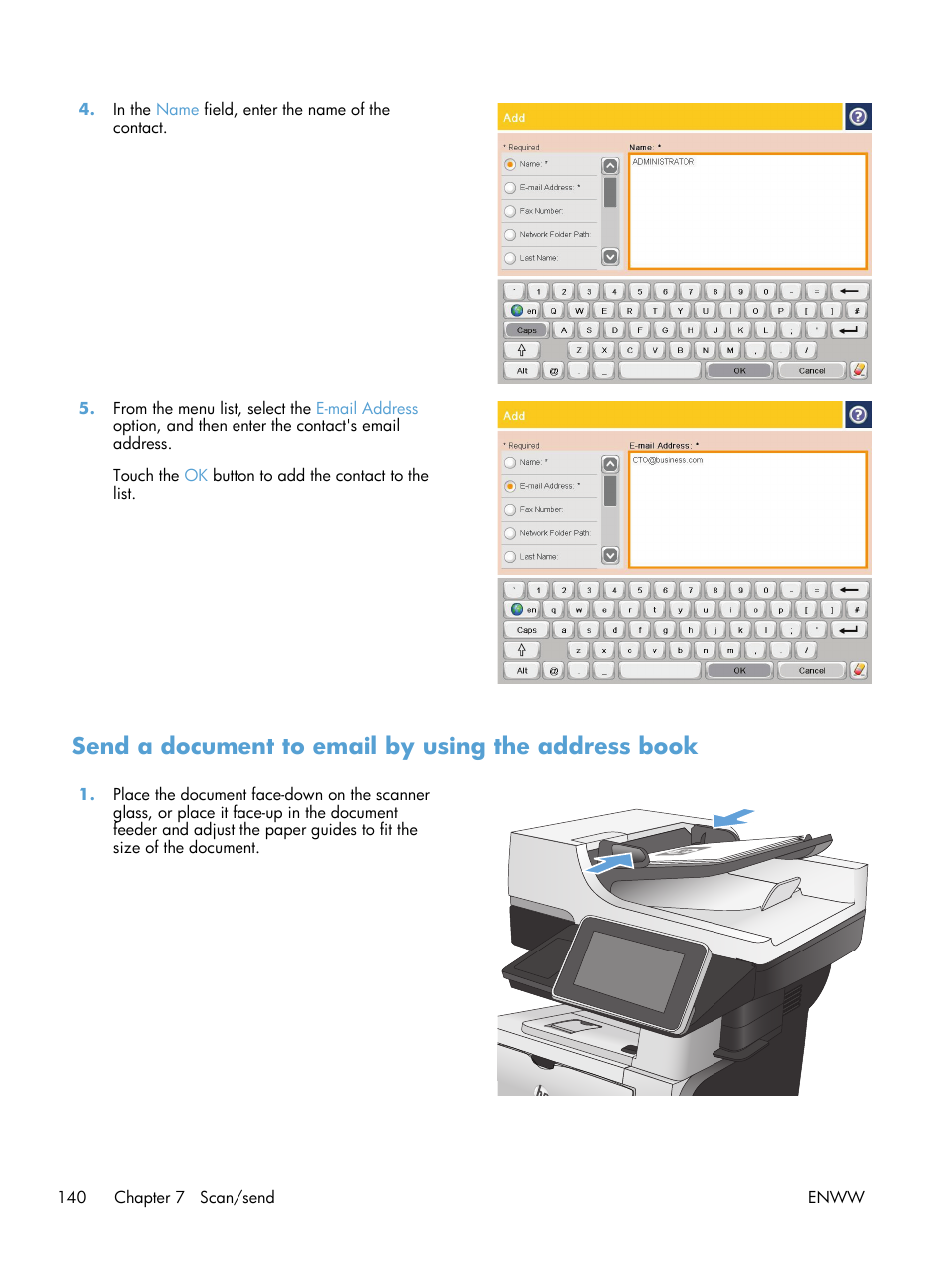 Send a document to email by using the address book | HP LaserJet Enterprise 500 MFP M525 User Manual | Page 154 / 294