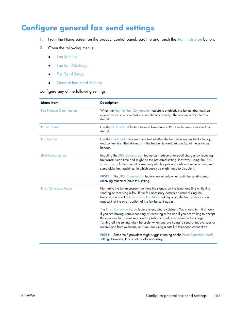 Configure general fax send settings | HP LaserJet Enterprise 500 MFP M525 User Manual | Page 165 / 294