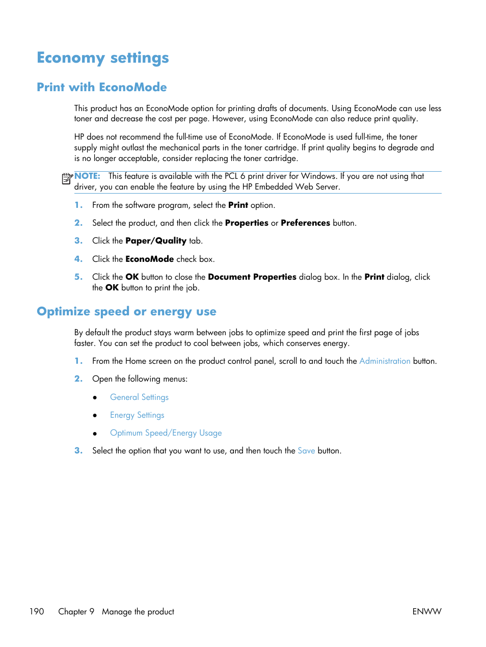 Economy settings, Print with economode, Optimize speed or energy use | Print with economode optimize speed or energy use | HP LaserJet Enterprise 500 MFP M525 User Manual | Page 204 / 294