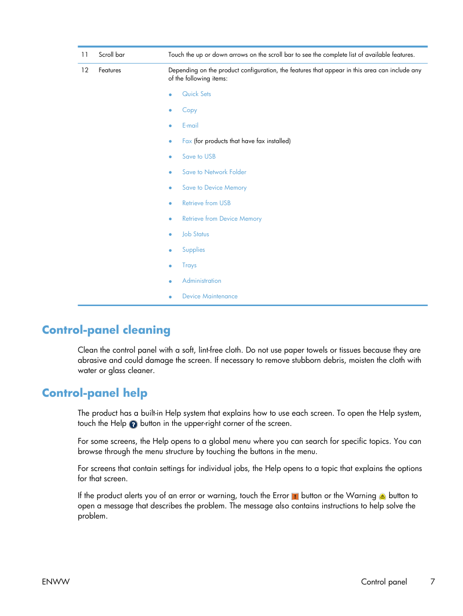 Control-panel cleaning, Control-panel help, Control-panel cleaning control-panel help | HP LaserJet Enterprise 500 MFP M525 User Manual | Page 21 / 294