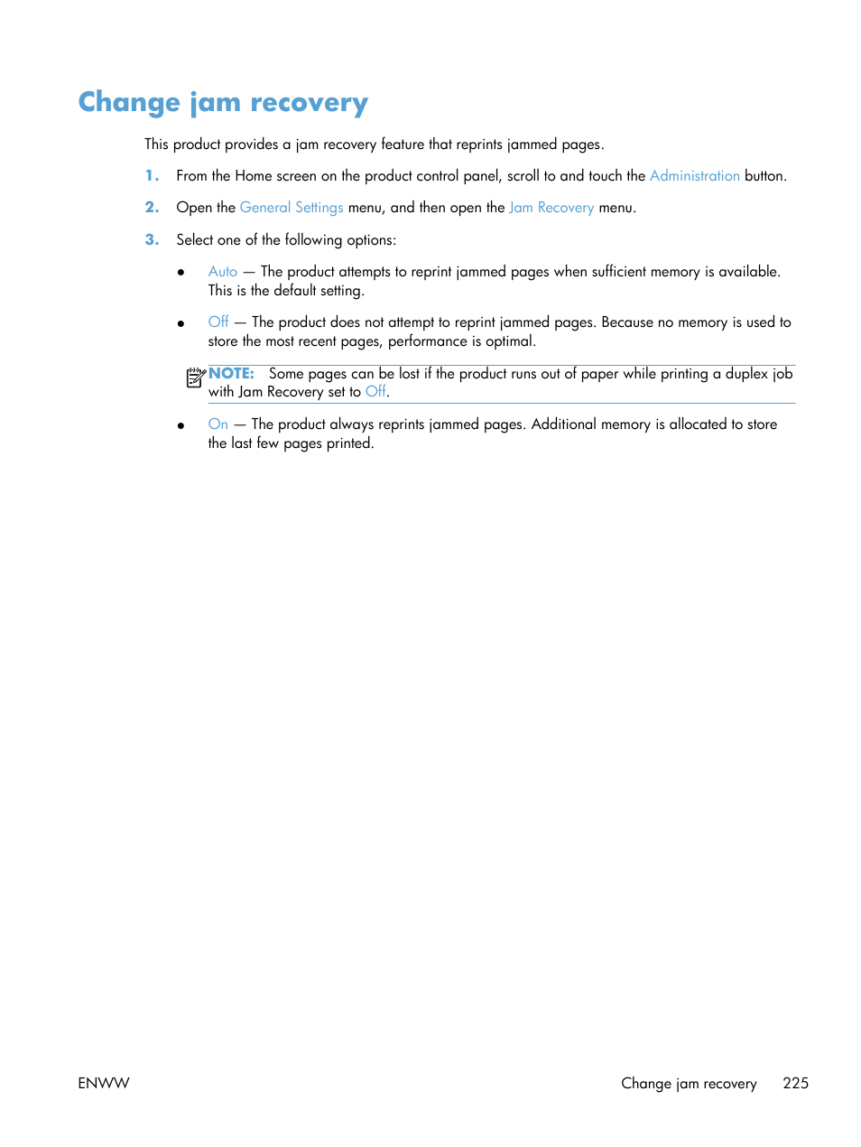 Change jam recovery | HP LaserJet Enterprise 500 MFP M525 User Manual | Page 239 / 294