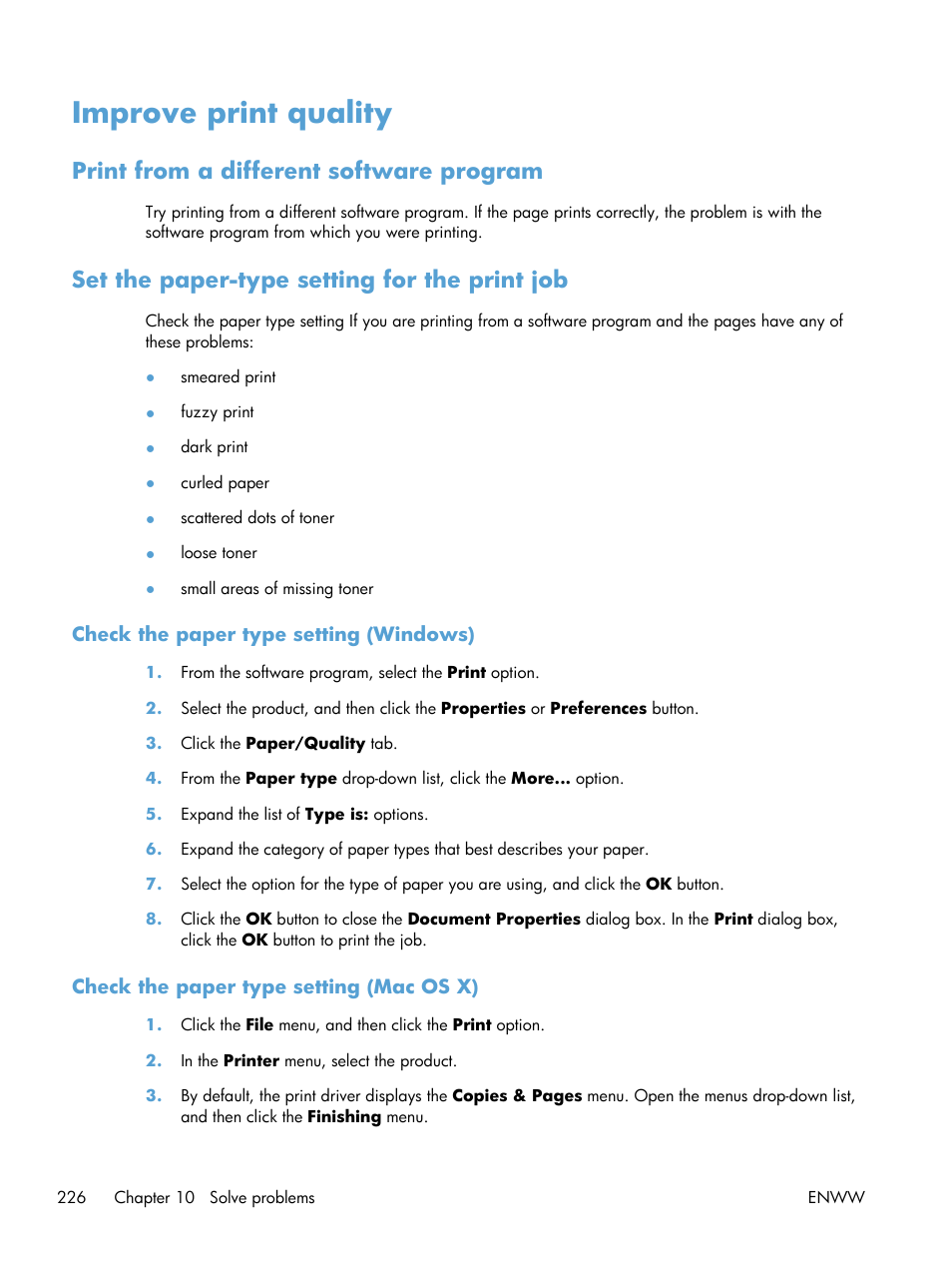 Improve print quality, Print from a different software program, Set the paper-type setting for the print job | Check the paper type setting (windows), Check the paper type setting (mac os x) | HP LaserJet Enterprise 500 MFP M525 User Manual | Page 240 / 294