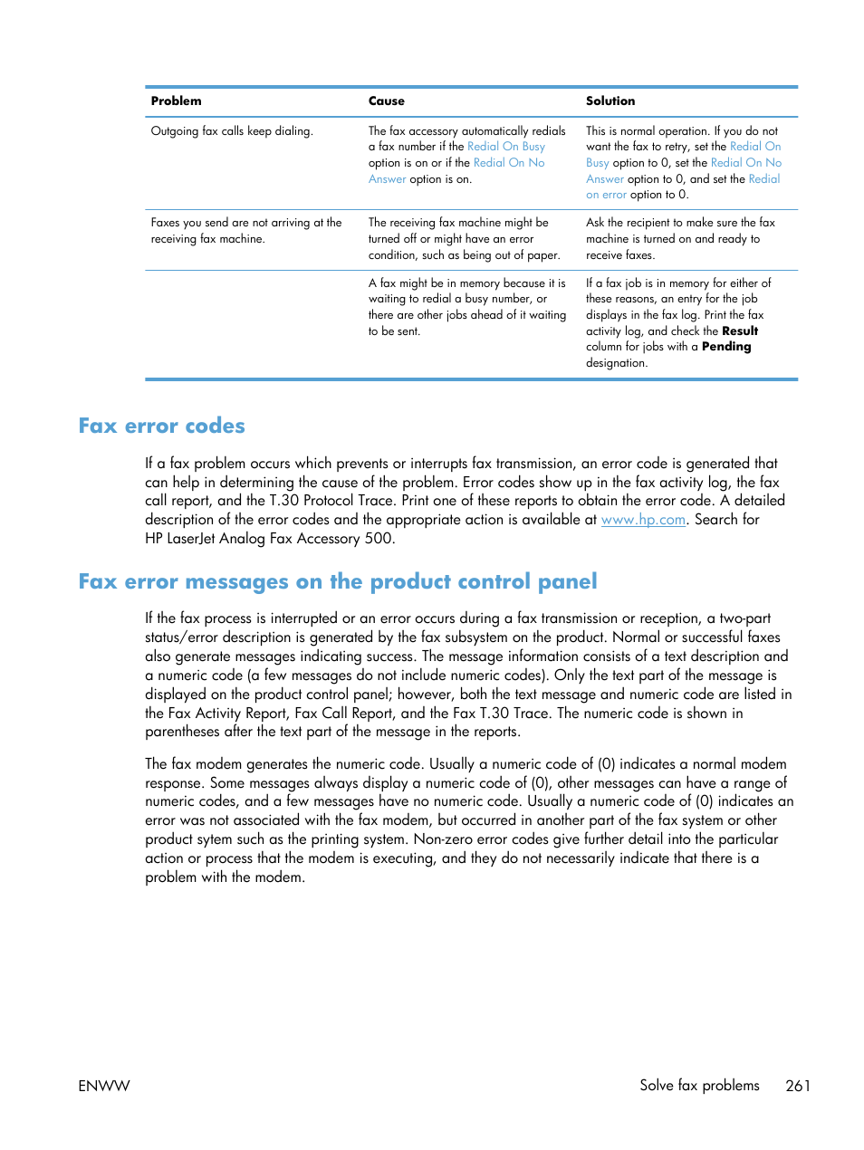 Fax error codes, Fax error messages on the product control panel | HP LaserJet Enterprise 500 MFP M525 User Manual | Page 275 / 294