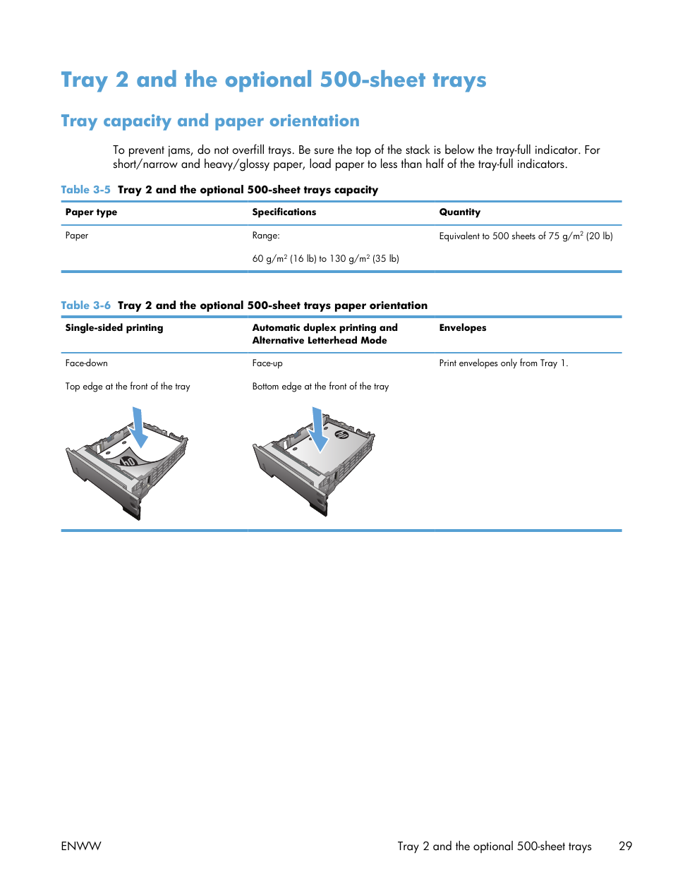 Tray 2 and the optional 500-sheet trays, Tray capacity and paper orientation | HP LaserJet Enterprise 500 MFP M525 User Manual | Page 43 / 294