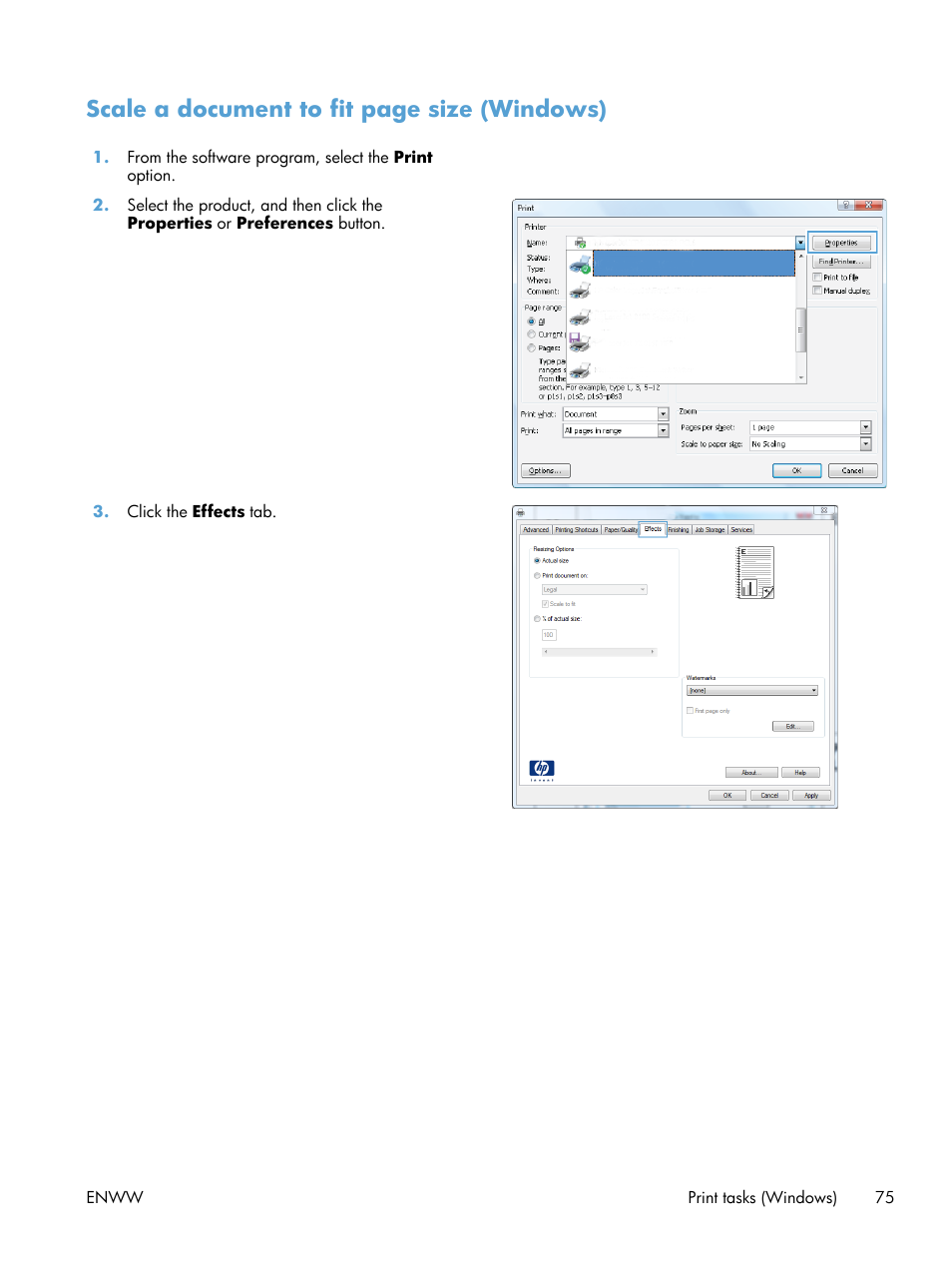 Scale a document to fit page size (windows) | HP LaserJet Enterprise 500 MFP M525 User Manual | Page 89 / 294