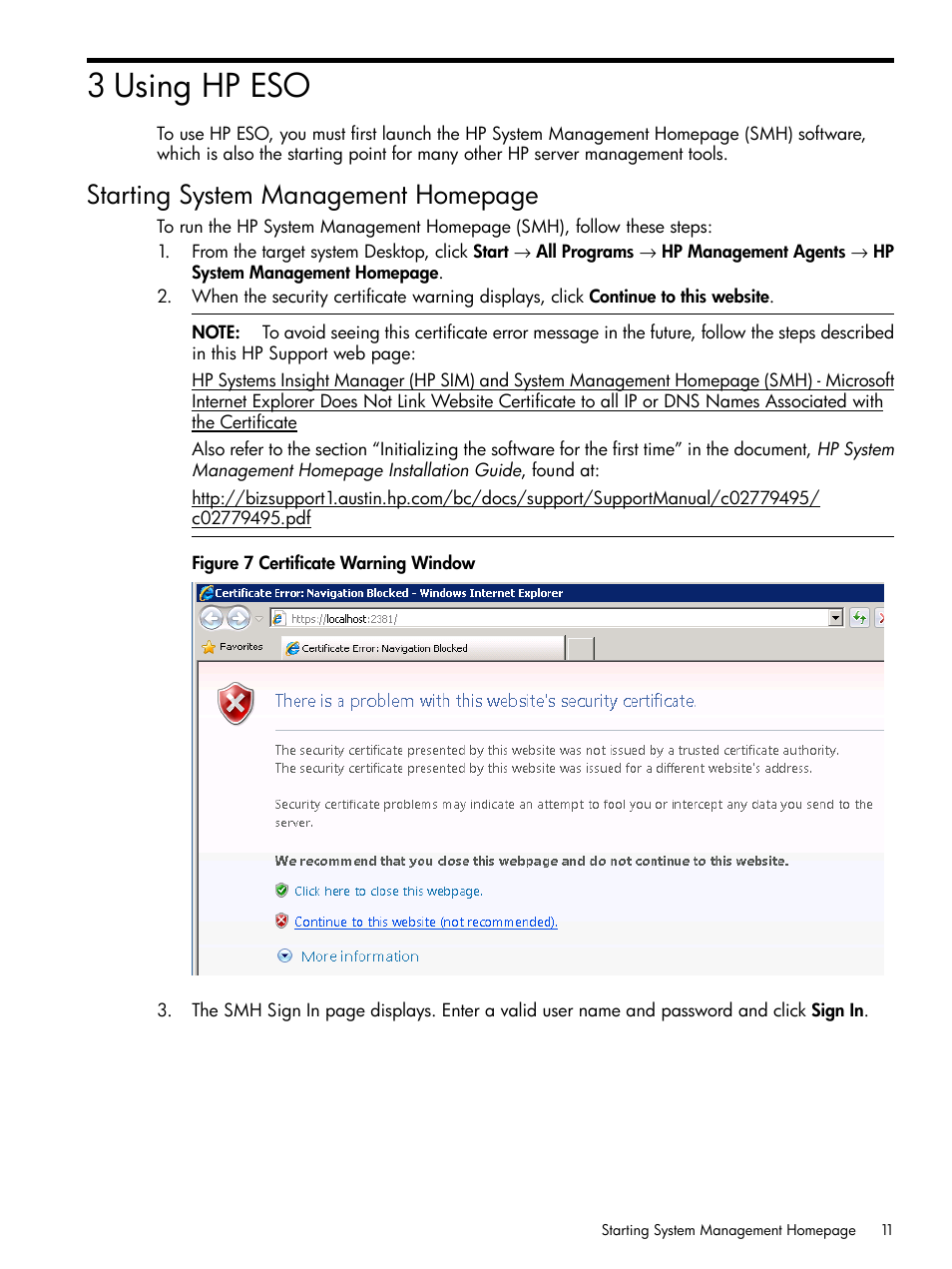 3 using hp eso, Starting system management homepage | HP ProLiant DL980 G7 Server User Manual | Page 11 / 36