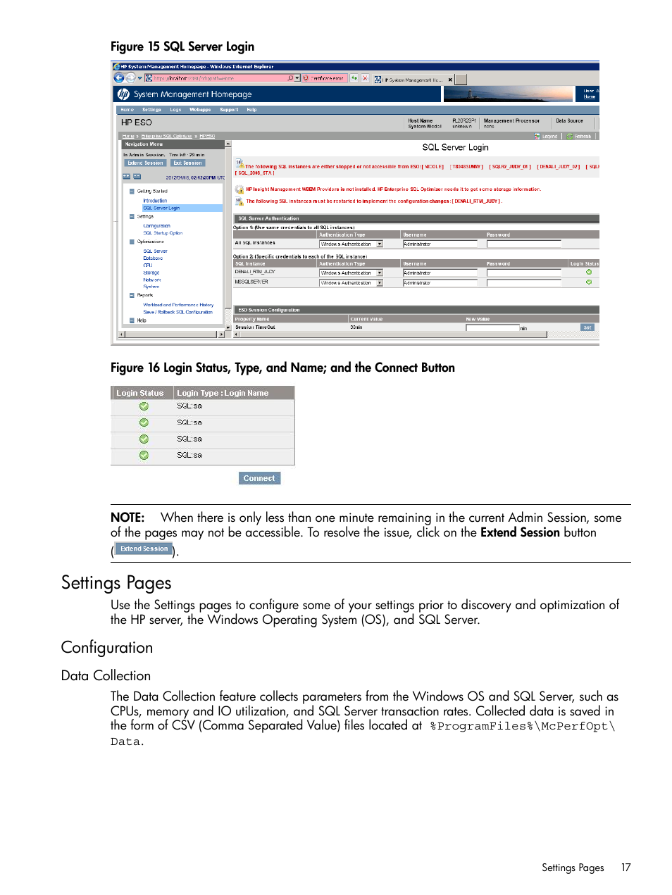 Configuration, Data collection, Settings pages | HP ProLiant DL980 G7 Server User Manual | Page 17 / 36