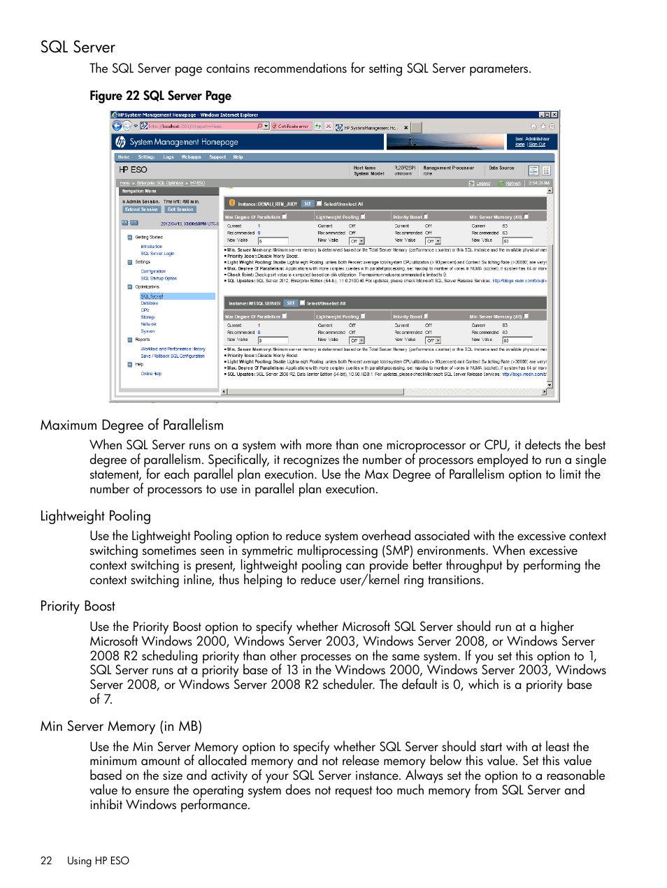 Sql server, Maximum degree of parallelism, Lightweight pooling | Priority boost, Min server memory (in mb) | HP ProLiant DL980 G7 Server User Manual | Page 22 / 36