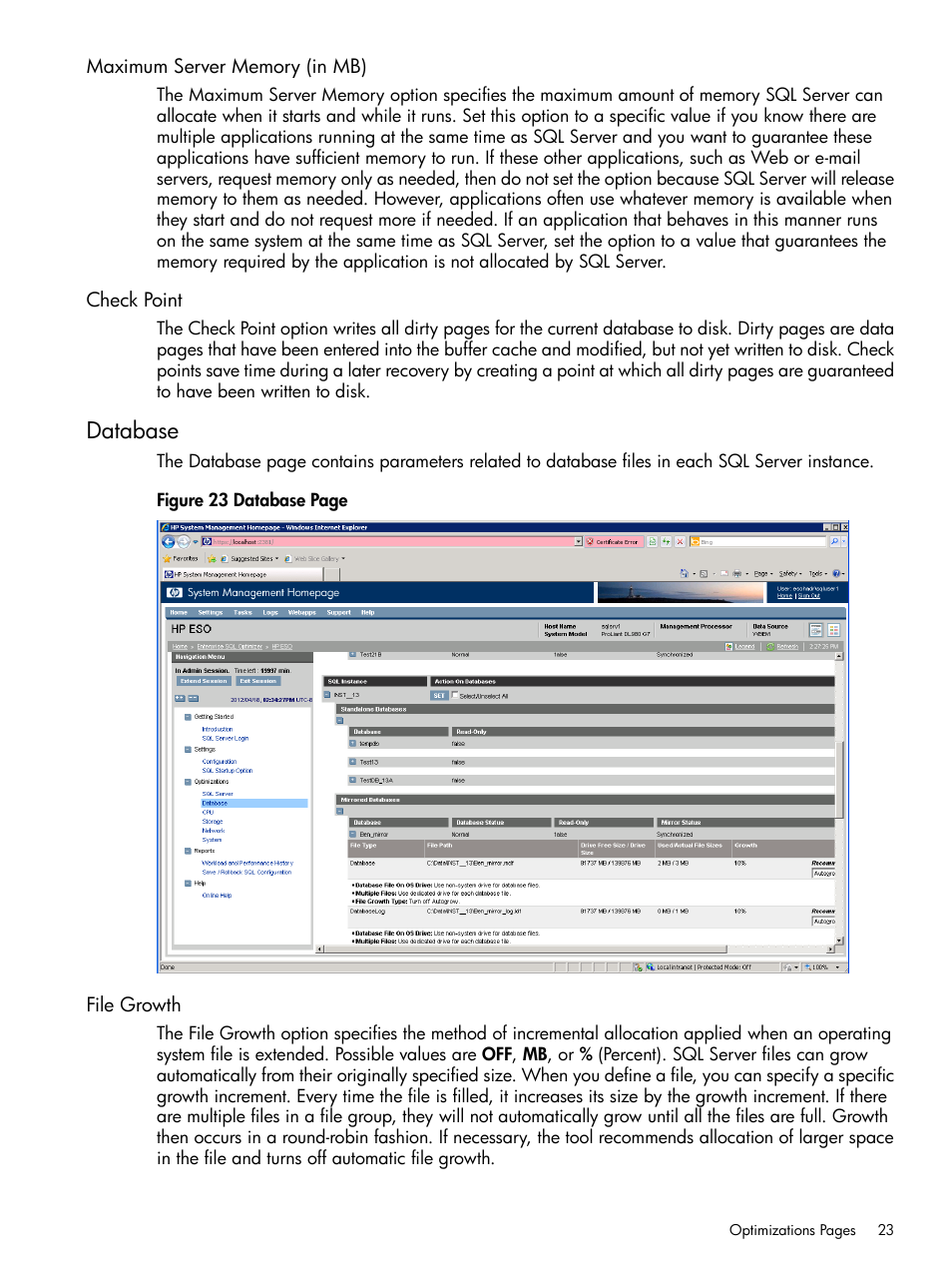 Maximum server memory (in mb), Check point, Database | File growth, Maximum server memory (in mb) check point | HP ProLiant DL980 G7 Server User Manual | Page 23 / 36