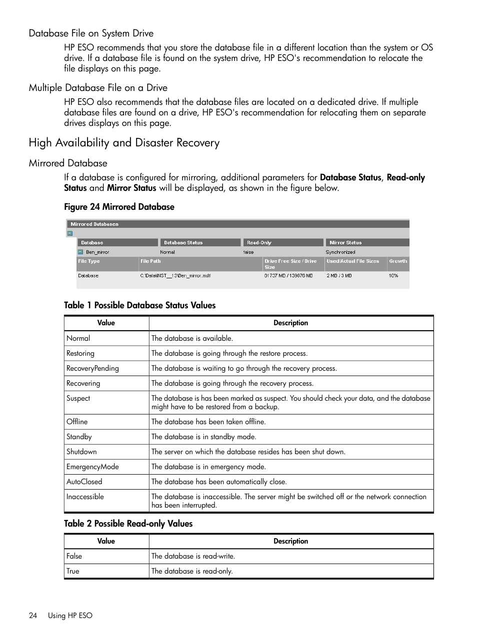 Database file on system drive, Multiple database file on a drive, High availability and disaster recovery | Mirrored database | HP ProLiant DL980 G7 Server User Manual | Page 24 / 36