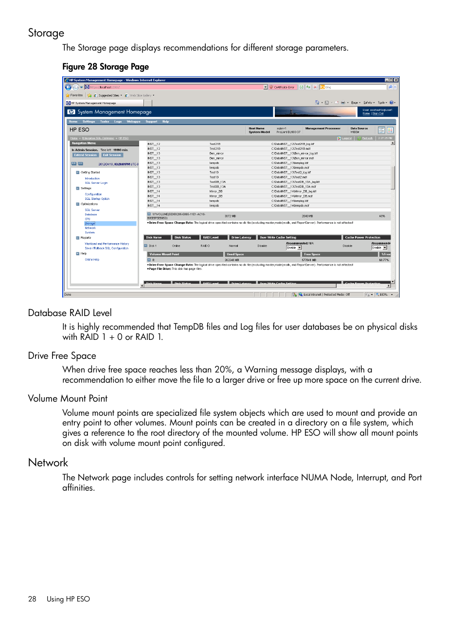 Storage, Database raid level, Drive free space | Volume mount point, Network | HP ProLiant DL980 G7 Server User Manual | Page 28 / 36