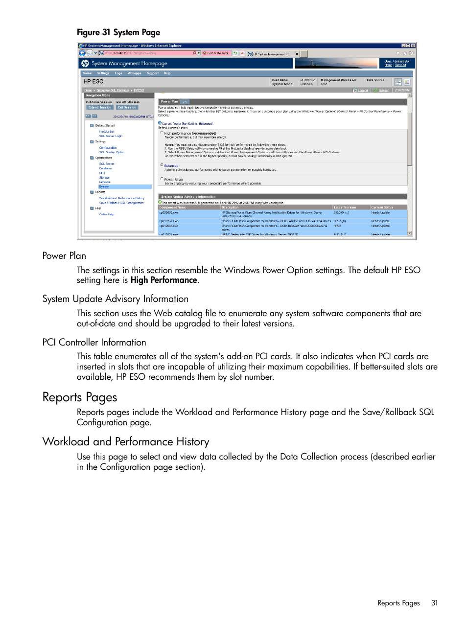 Power plan, System update advisory information, Pci controller information | Workload and performance history, Reports pages | HP ProLiant DL980 G7 Server User Manual | Page 31 / 36
