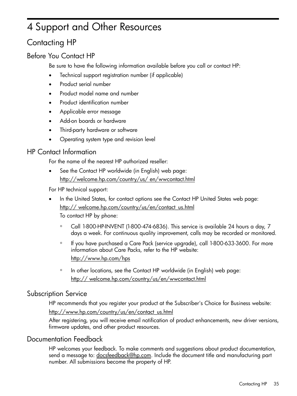 4 support and other resources, Contacting hp, Before you contact hp | Hp contact information, Subscription service, Documentation feedback | HP ProLiant DL980 G7 Server User Manual | Page 35 / 36