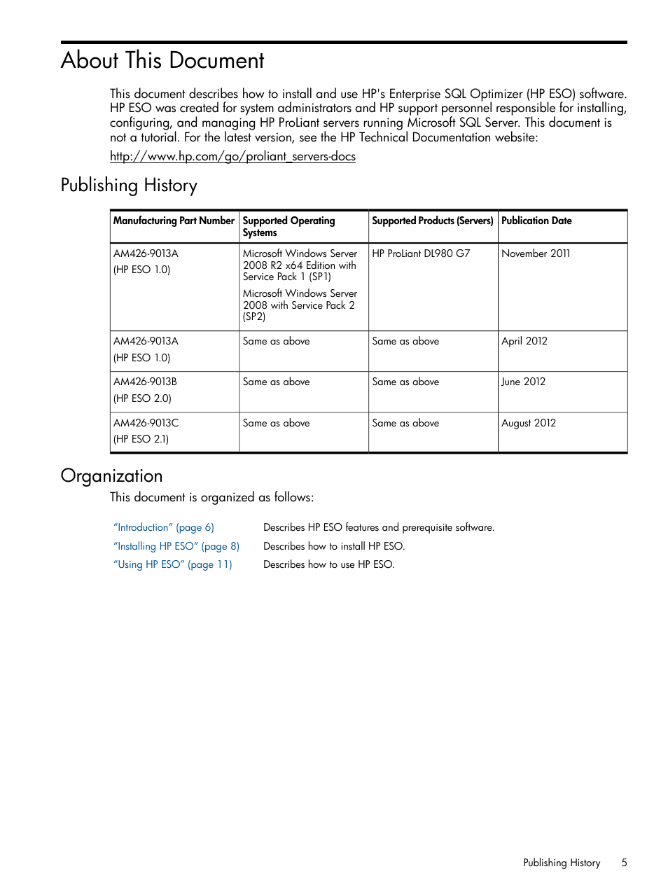 About this document, Publishing history, Organization | Publishing history organization | HP ProLiant DL980 G7 Server User Manual | Page 5 / 36