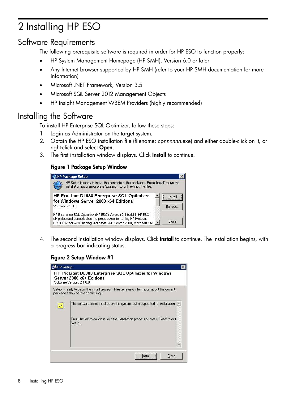 2 installing hp eso, Software requirements, Installing the software | Software requirements installing the software | HP ProLiant DL980 G7 Server User Manual | Page 8 / 36