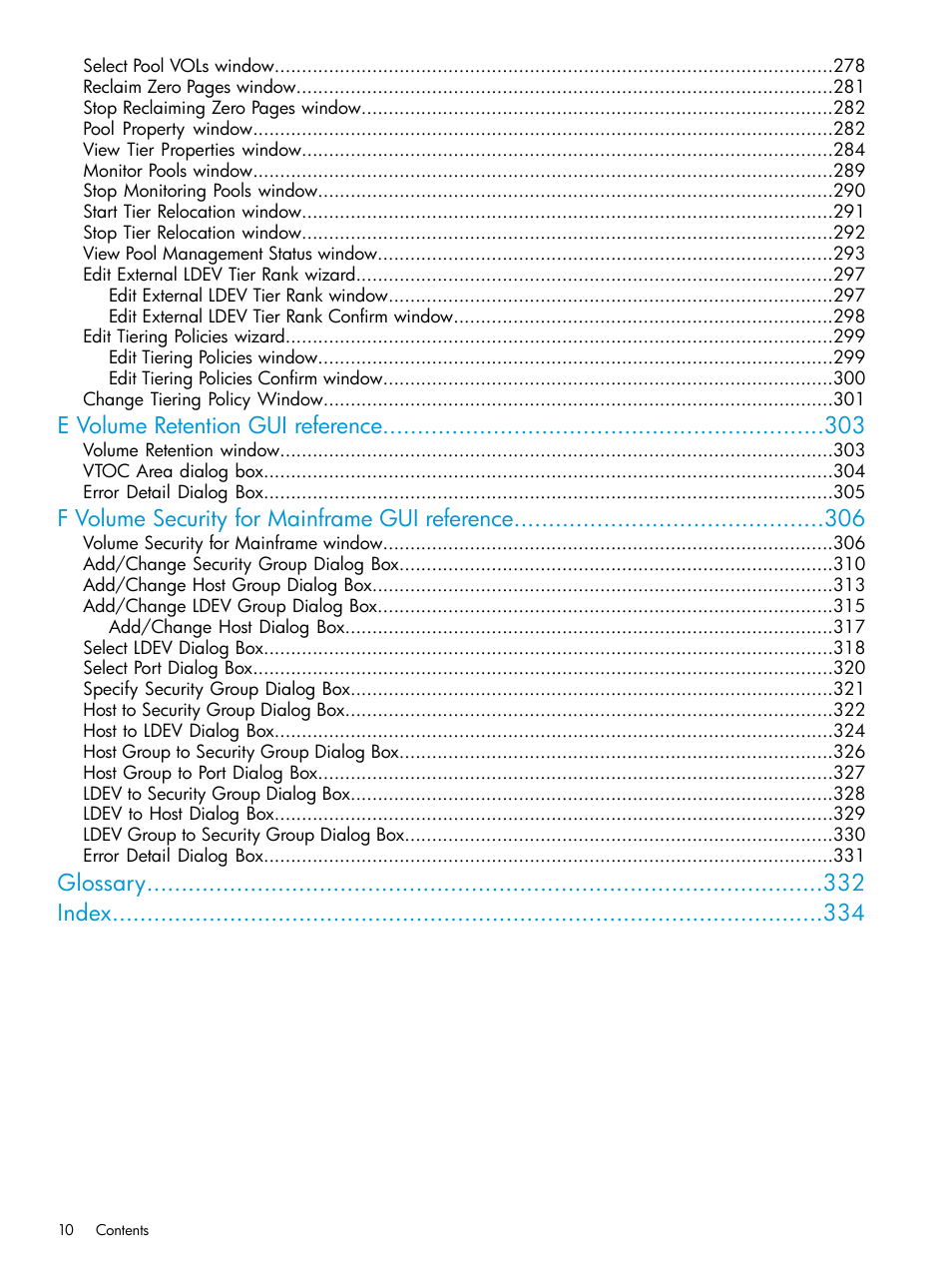 E volume retention gui reference, F volume security for mainframe gui reference, Glossary index | HP XP P9500 Storage User Manual | Page 10 / 335