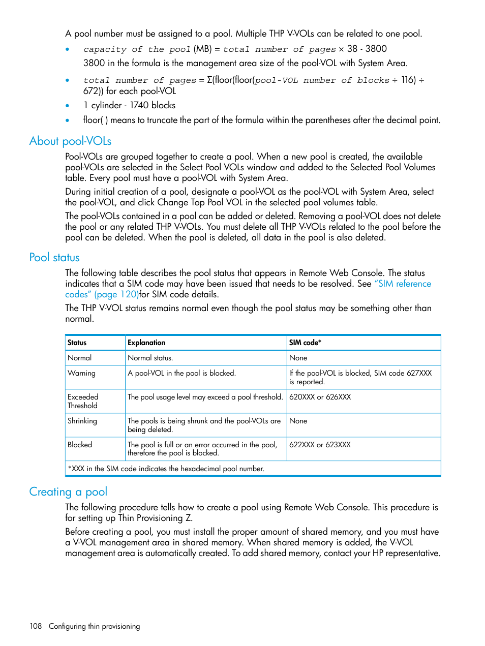 About pool-vols, Pool status, Creating a pool | About pool-vols pool status creating a pool | HP XP P9500 Storage User Manual | Page 108 / 335