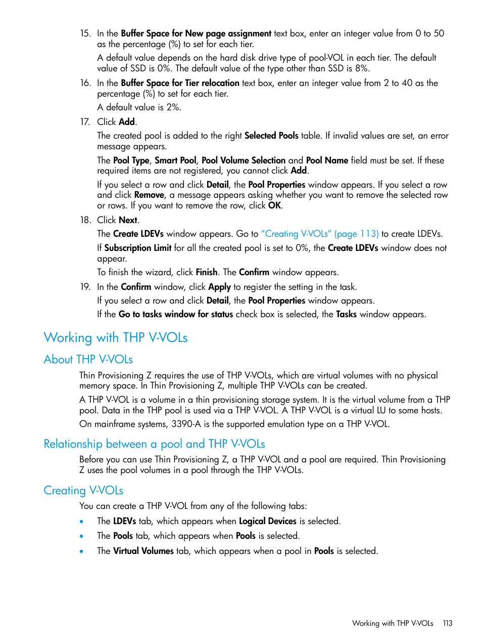 Working with thp v-vols, About thp v-vols, Relationship between a pool and thp v-vols | Creating v-vols | HP XP P9500 Storage User Manual | Page 113 / 335