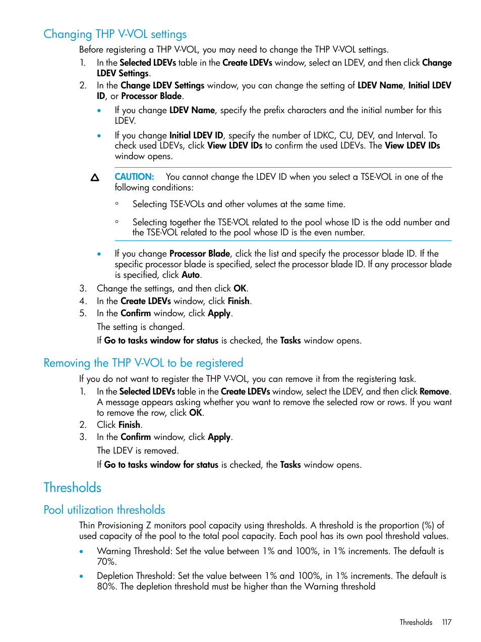 Changing thp v-vol settings, Removing the thp v-vol to be registered, Thresholds | Pool utilization thresholds | HP XP P9500 Storage User Manual | Page 117 / 335