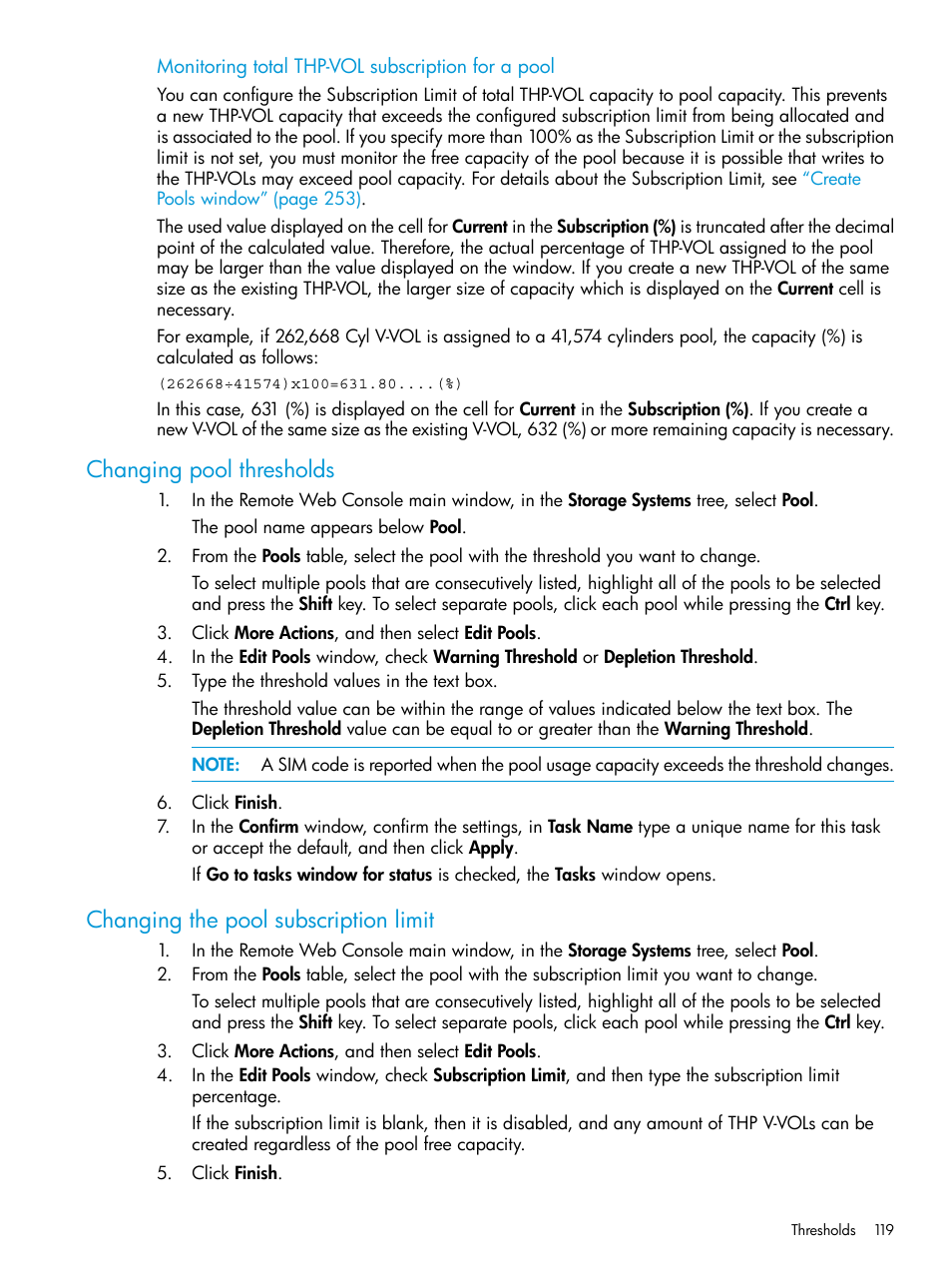 Changing pool thresholds, Changing the pool subscription limit | HP XP P9500 Storage User Manual | Page 119 / 335