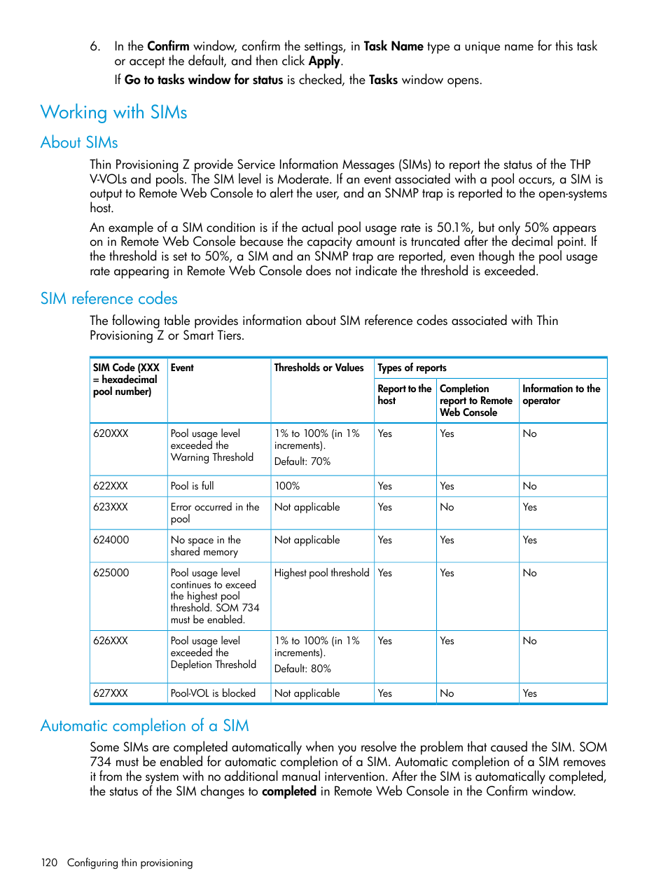 Working with sims, About sims, Sim reference codes | Automatic completion of a sim | HP XP P9500 Storage User Manual | Page 120 / 335