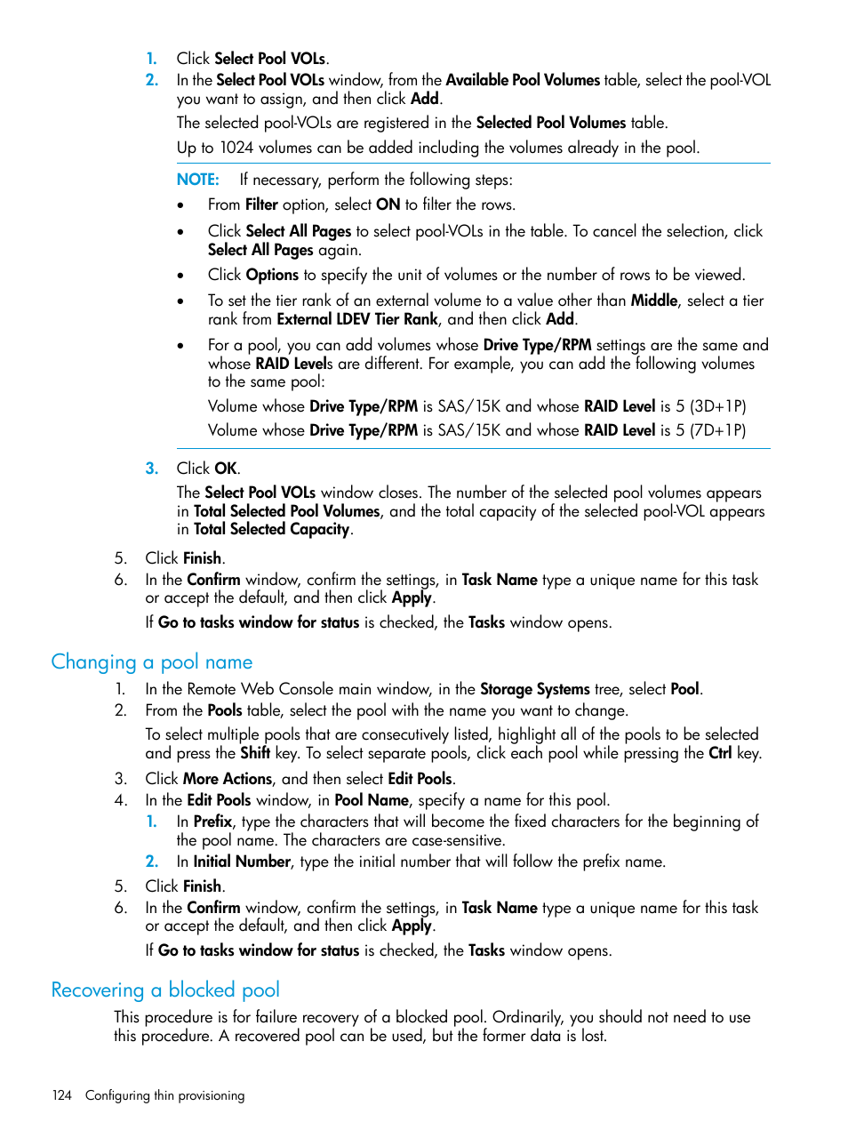 Changing a pool name, Recovering a blocked pool, Changing a pool name recovering a blocked pool | HP XP P9500 Storage User Manual | Page 124 / 335