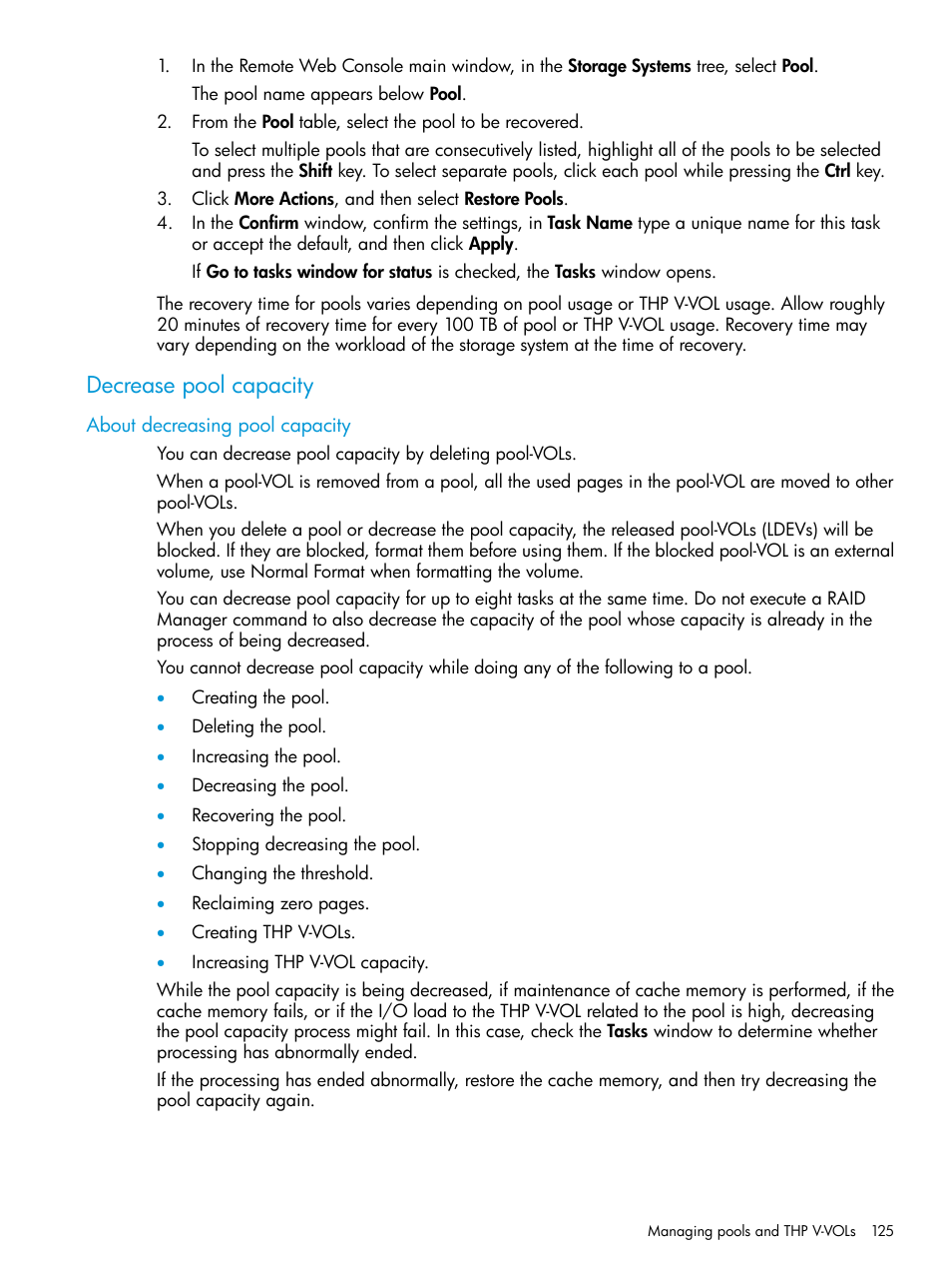 Decrease pool capacity, About decreasing pool capacity | HP XP P9500 Storage User Manual | Page 125 / 335