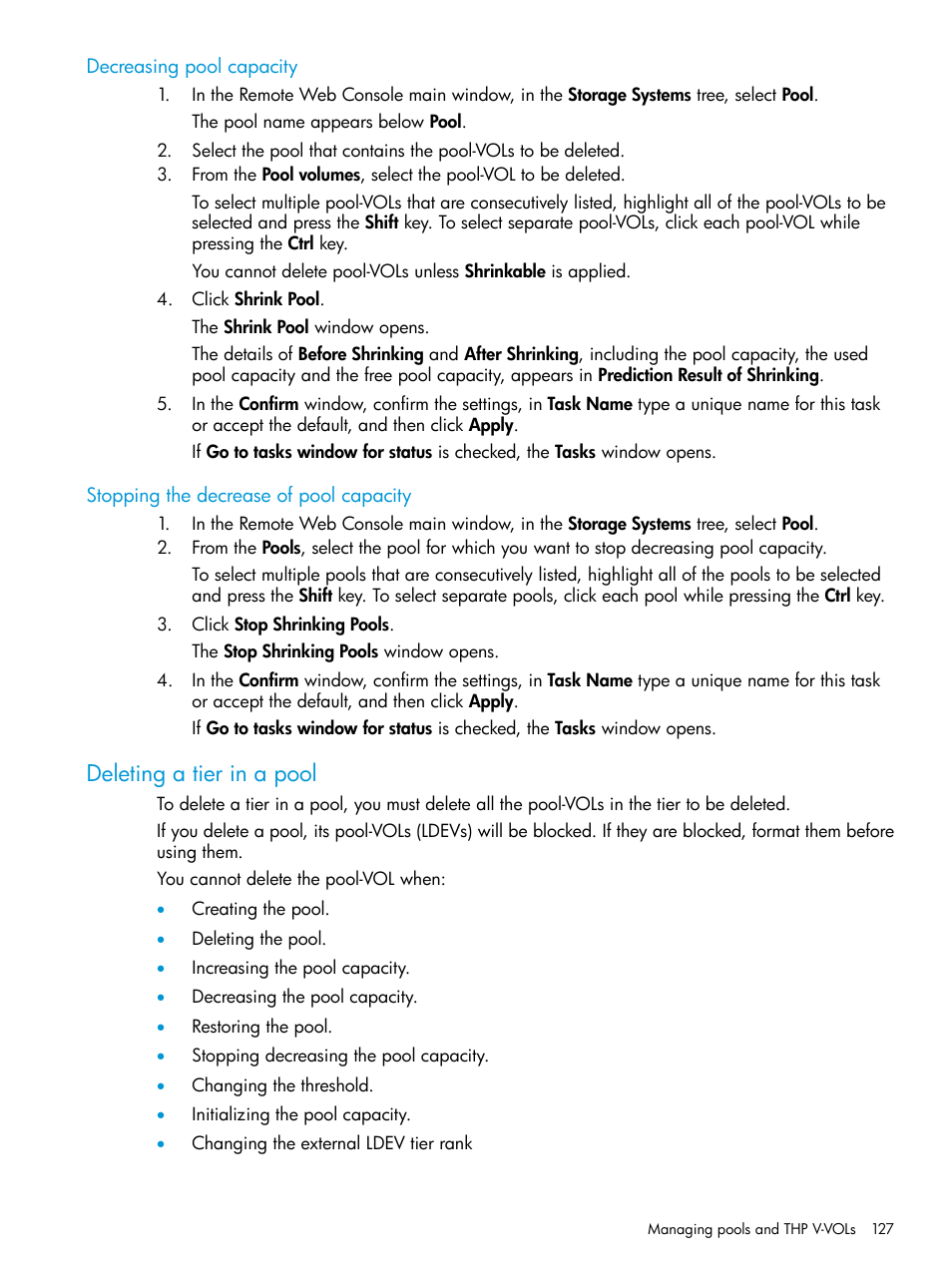 Decreasing pool capacity, Stopping the decrease of pool capacity, Deleting a tier in a pool | HP XP P9500 Storage User Manual | Page 127 / 335