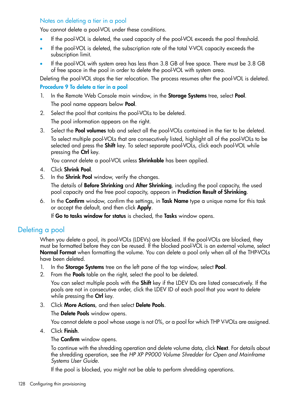 Deleting a pool | HP XP P9500 Storage User Manual | Page 128 / 335