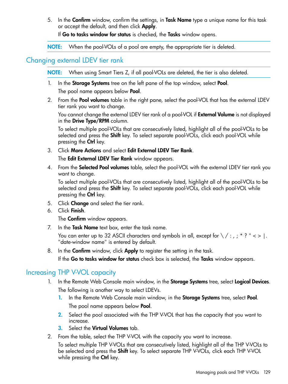 Changing external ldev tier rank, Increasing thp v-vol capacity | HP XP P9500 Storage User Manual | Page 129 / 335