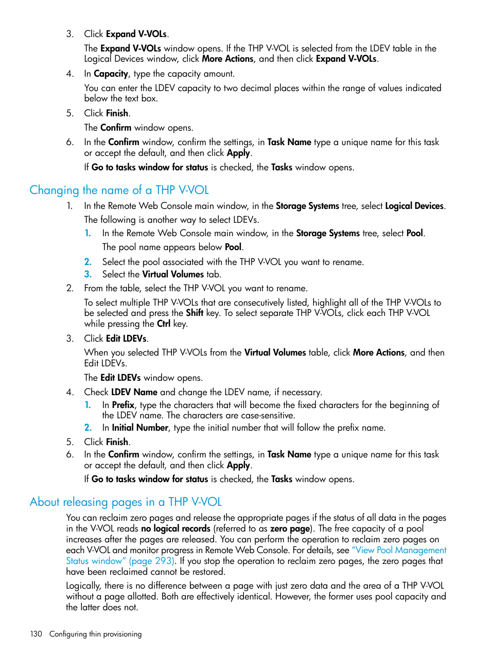 Changing the name of a thp v-vol, About releasing pages in a thp v-vol | HP XP P9500 Storage User Manual | Page 130 / 335