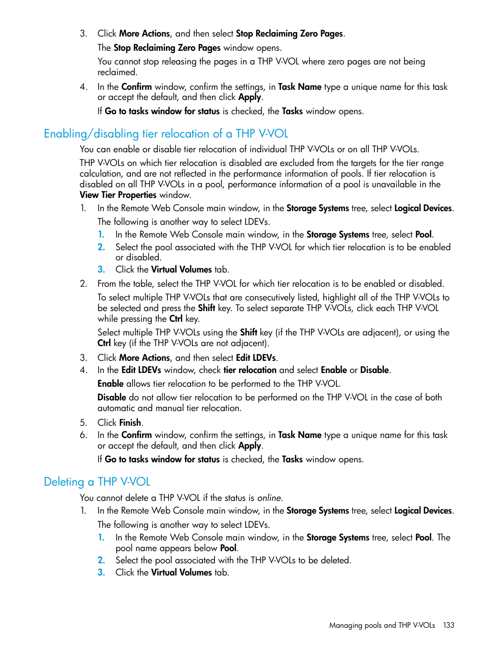 Enabling/disabling tier relocation of a thp v-vol, Deleting a thp v-vol | HP XP P9500 Storage User Manual | Page 133 / 335