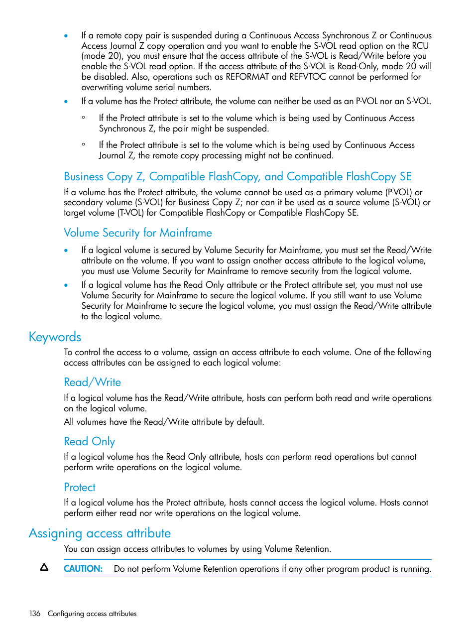 Keywords, Assigning access attribute, Keywords assigning access attribute | Volume security for mainframe, Read/write, Read only, Protect | HP XP P9500 Storage User Manual | Page 136 / 335