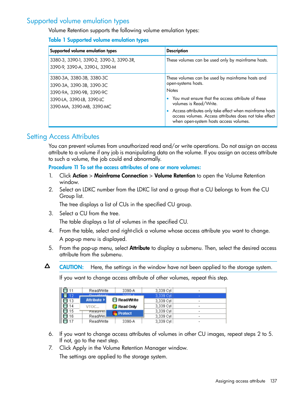 Supported volume emulation types, Setting access attributes | HP XP P9500 Storage User Manual | Page 137 / 335