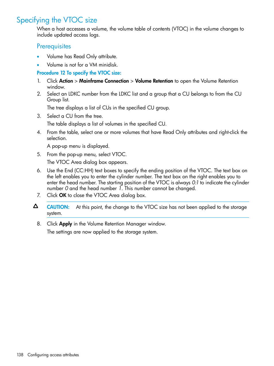 Specifying the vtoc size, Prerequisites | HP XP P9500 Storage User Manual | Page 138 / 335