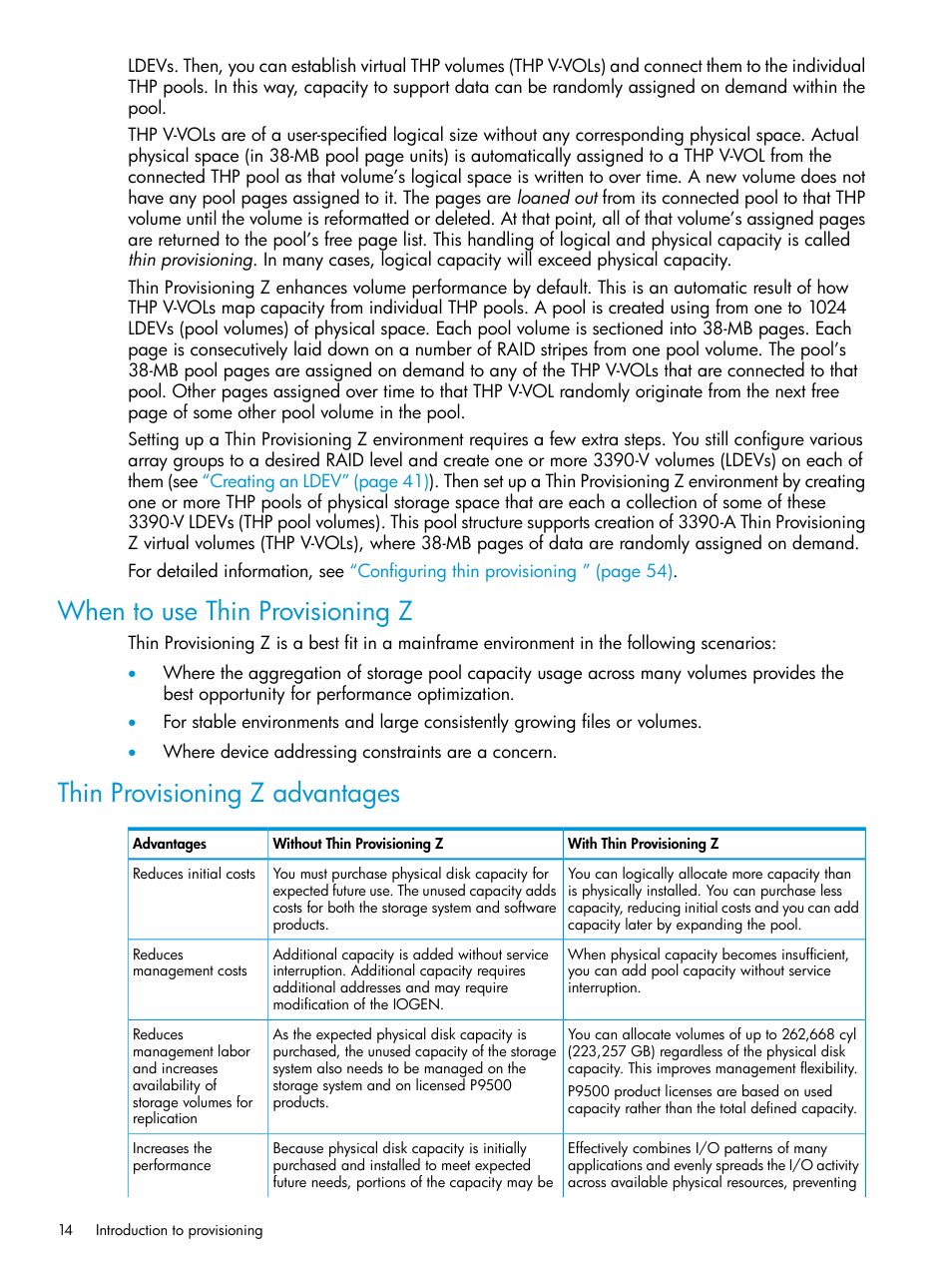 When to use thin provisioning z, Thin provisioning z advantages | HP XP P9500 Storage User Manual | Page 14 / 335