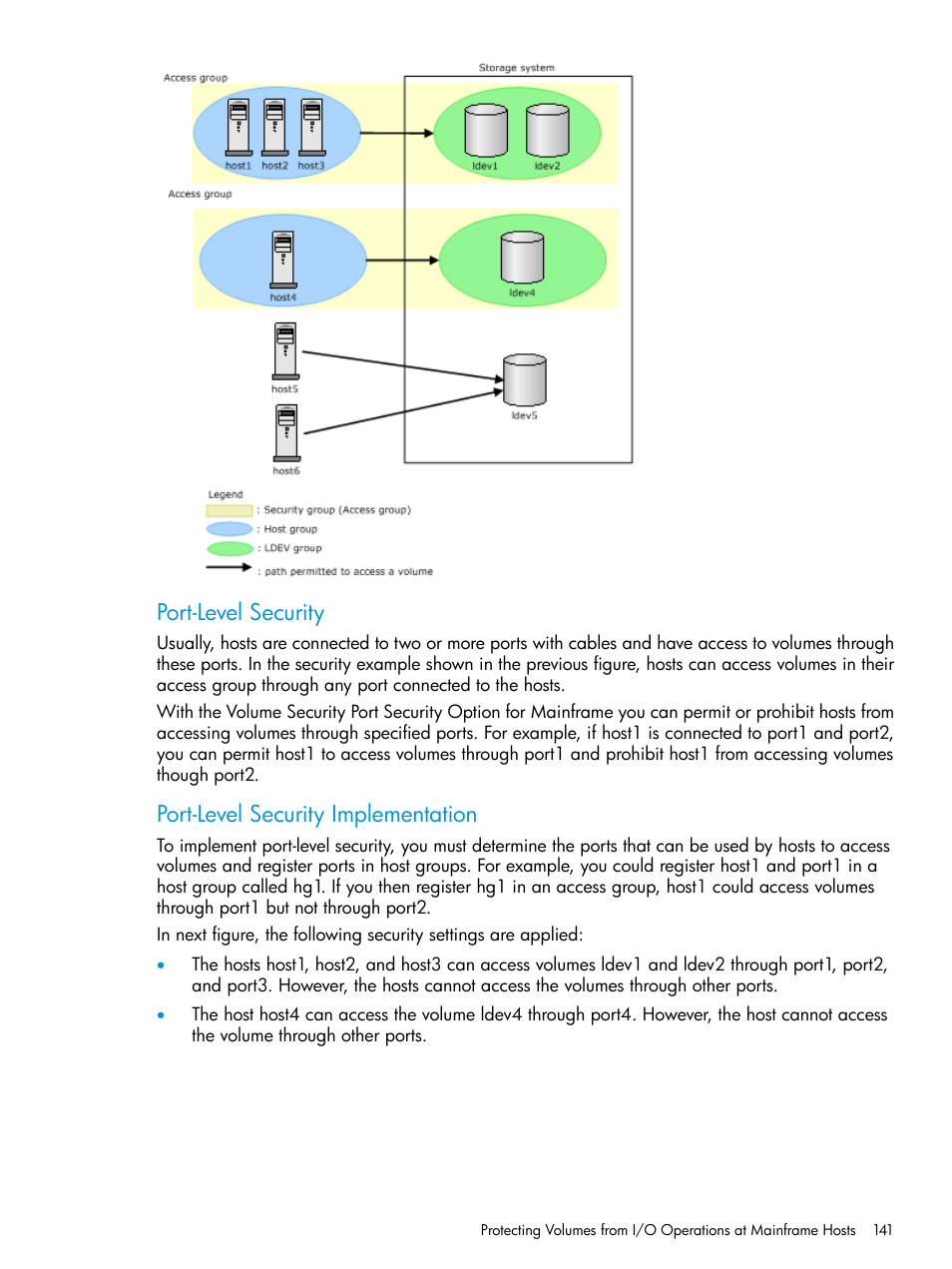 Port-level security, Port-level security implementation | HP XP P9500 Storage User Manual | Page 141 / 335