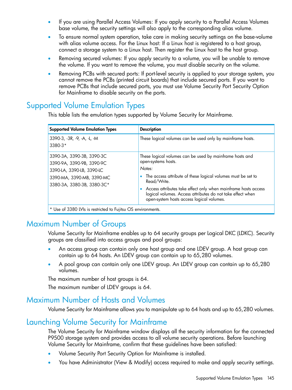 Supported volume emulation types, Maximum number of groups, Maximum number of hosts and volumes | Launching volume security for mainframe | HP XP P9500 Storage User Manual | Page 145 / 335