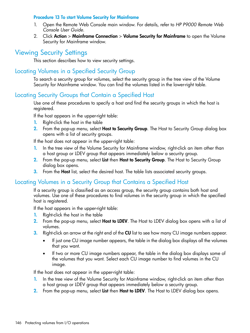 Viewing security settings, Locating volumes in a specified security group | HP XP P9500 Storage User Manual | Page 146 / 335