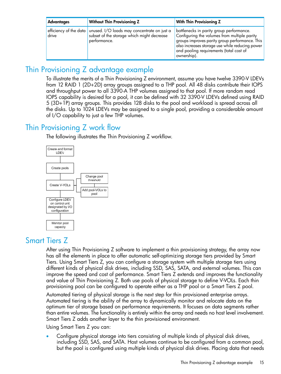 Thin provisioning z advantage example, Thin provisioning z work flow, Smart tiers z | HP XP P9500 Storage User Manual | Page 15 / 335