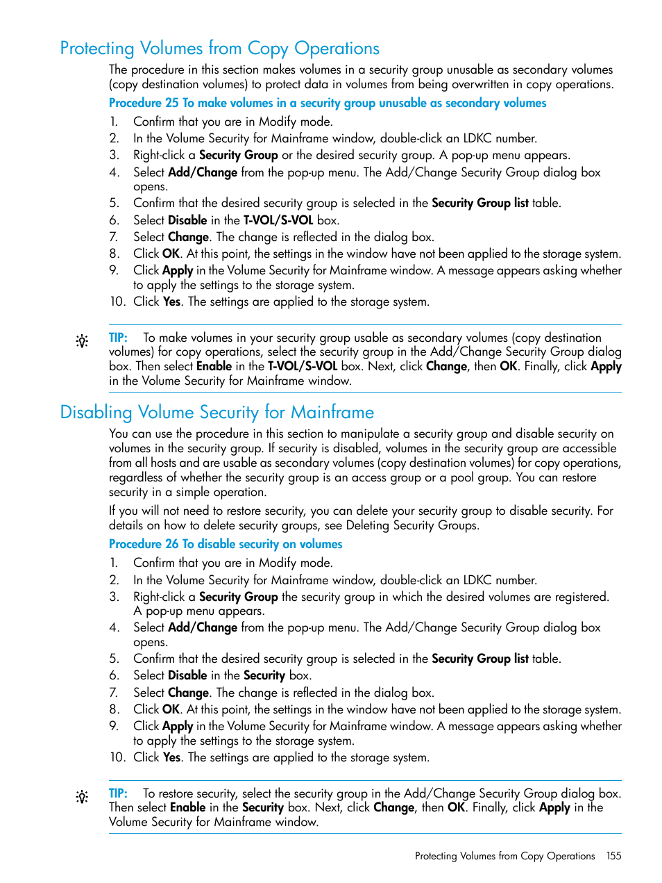 Protecting volumes from copy operations, Disabling volume security for mainframe | HP XP P9500 Storage User Manual | Page 155 / 335