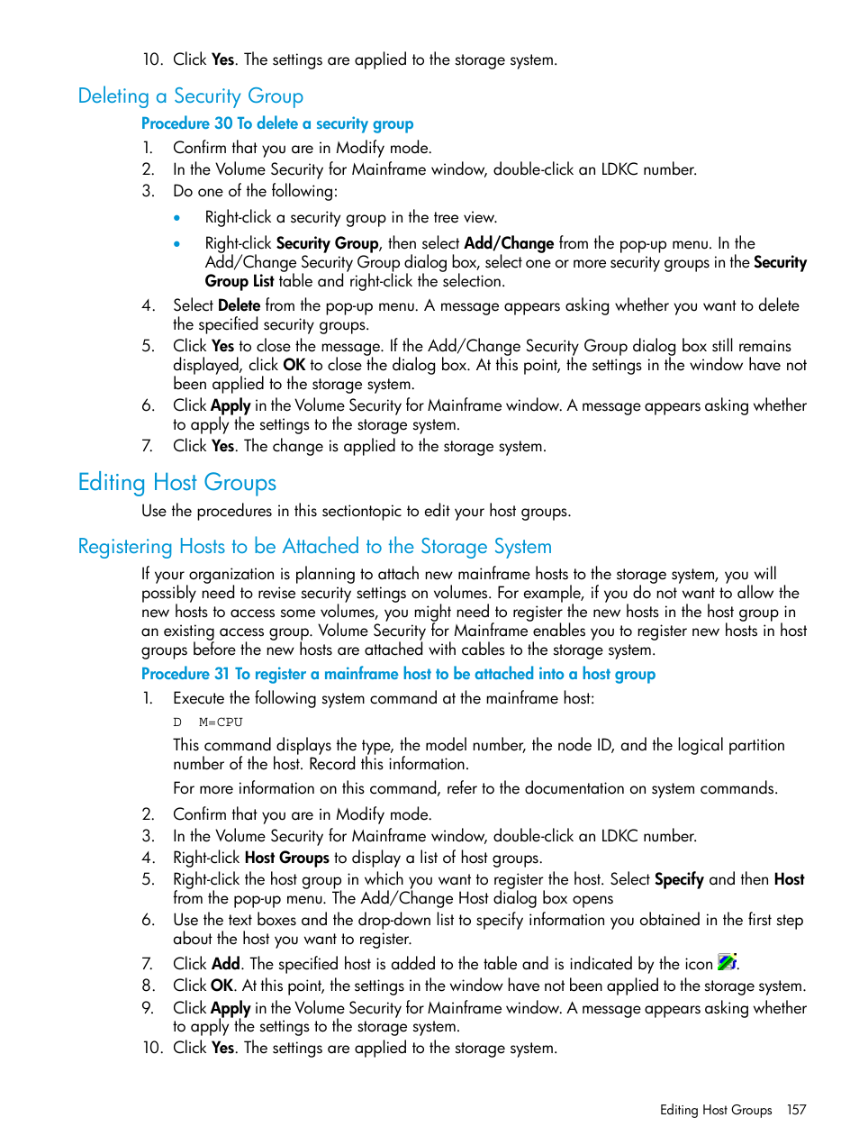 Deleting a security group, Editing host groups | HP XP P9500 Storage User Manual | Page 157 / 335