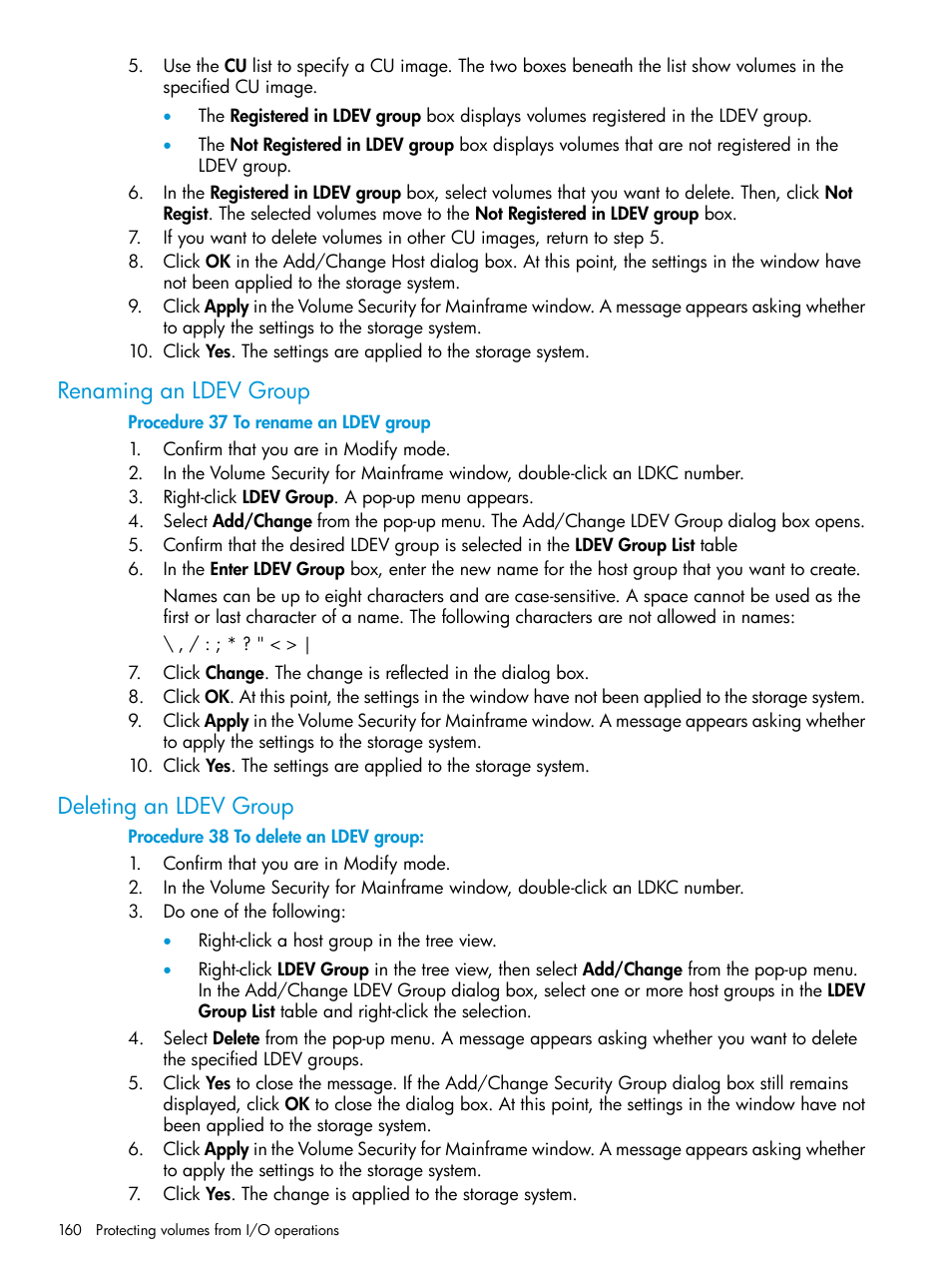 Renaming an ldev group, Deleting an ldev group, Renaming an ldev group deleting an ldev group | HP XP P9500 Storage User Manual | Page 160 / 335