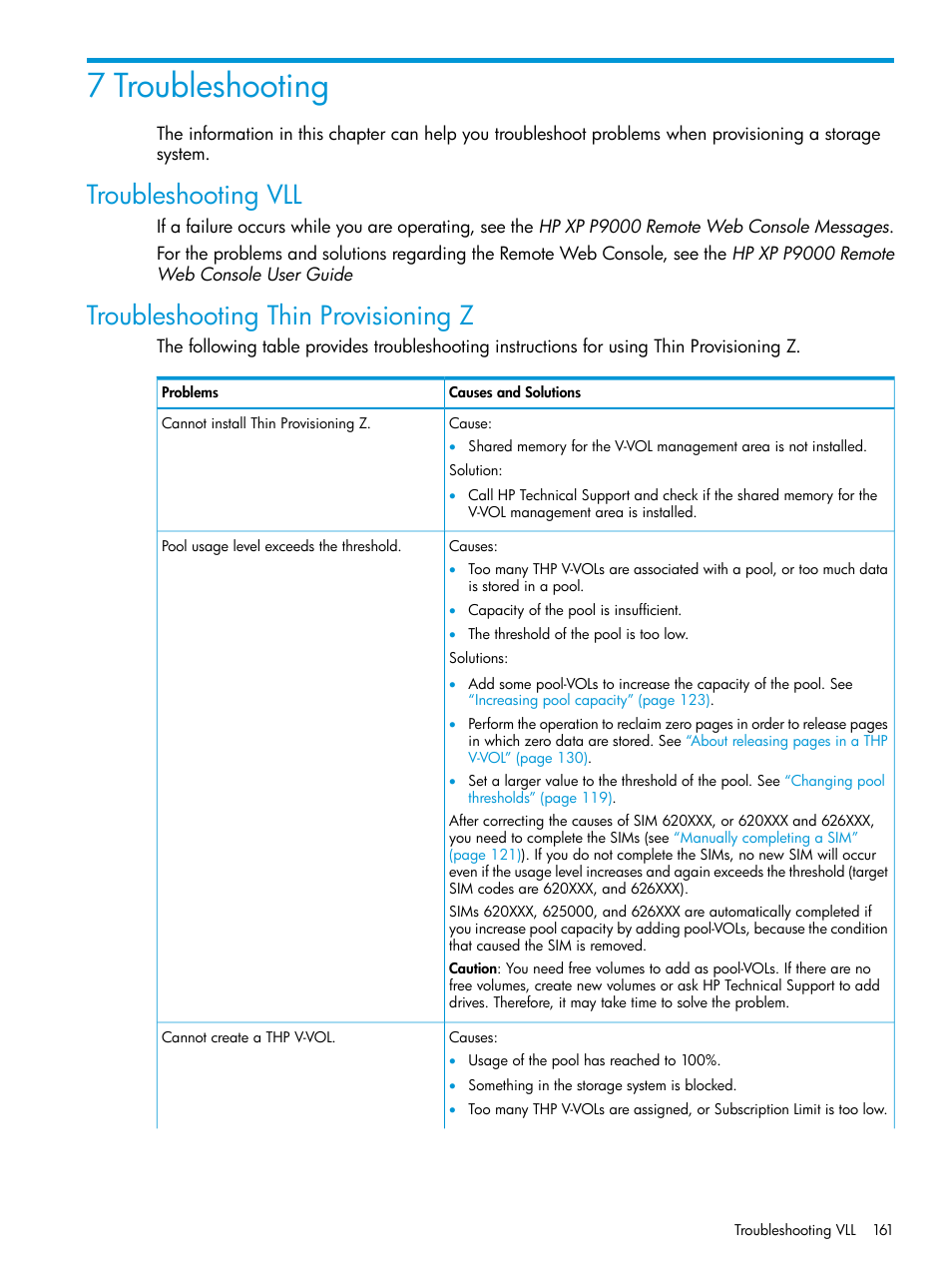 7 troubleshooting, Troubleshooting vll, Troubleshooting thin provisioning z | HP XP P9500 Storage User Manual | Page 161 / 335