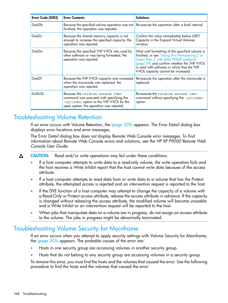 Troubleshooting volume retention, Troubleshooting volume security for mainframe | HP XP P9500 Storage User Manual | Page 166 / 335