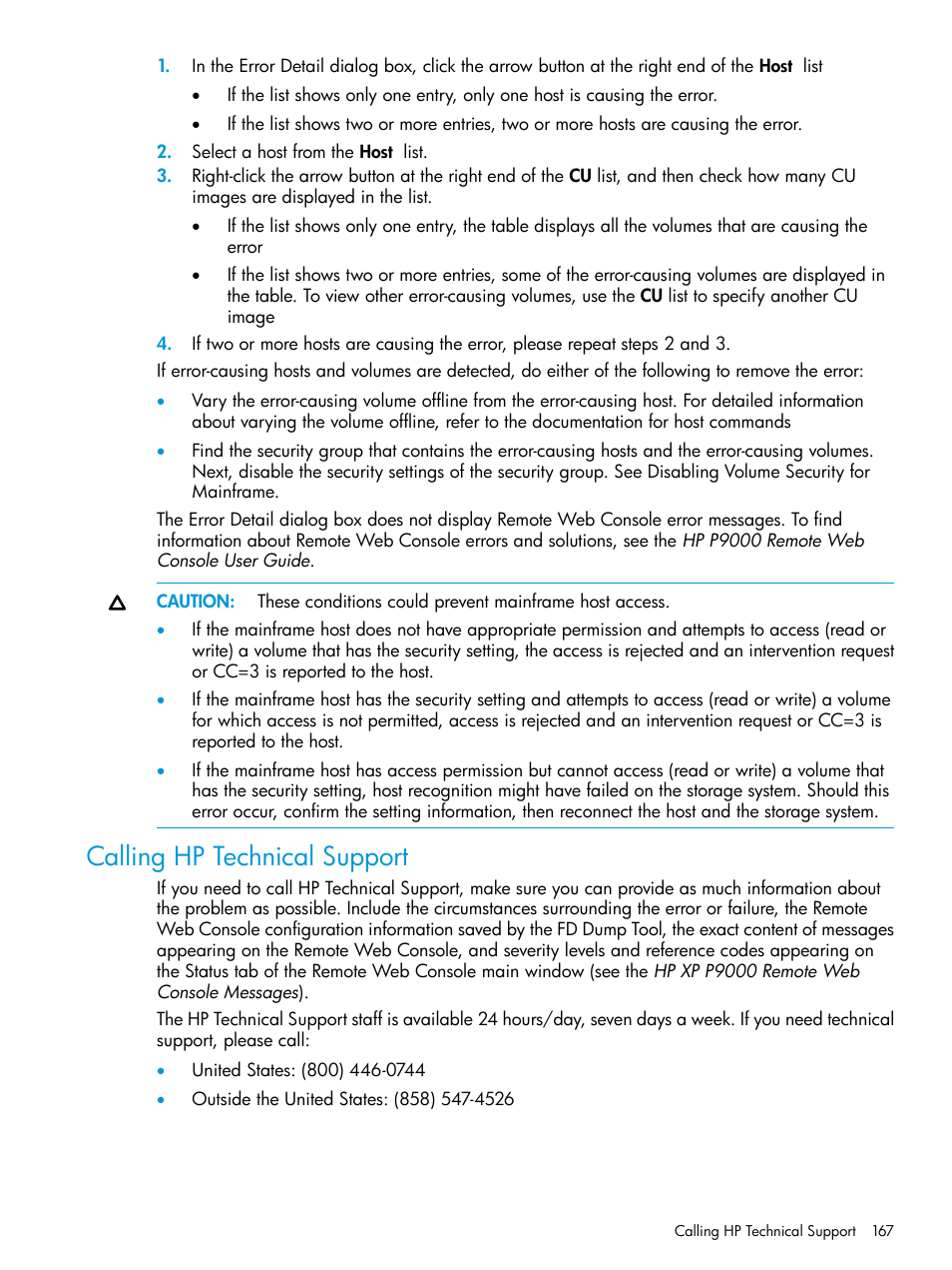 Calling hp technical support | HP XP P9500 Storage User Manual | Page 167 / 335