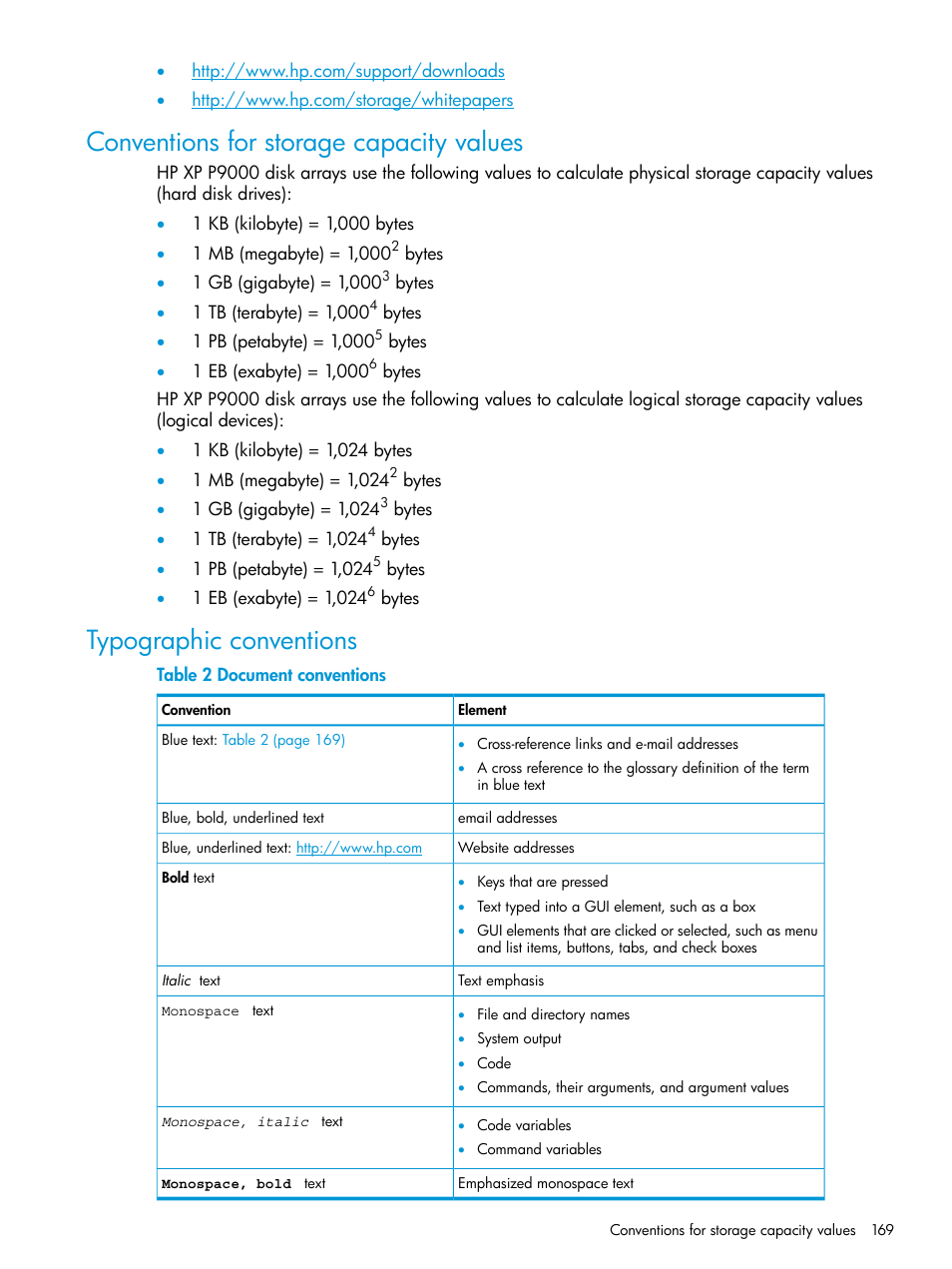 Conventions for storage capacity values, Typographic conventions | HP XP P9500 Storage User Manual | Page 169 / 335