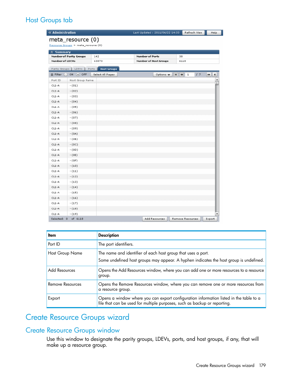 Host groups tab, Create resource groups wizard, Create resource groups window | HP XP P9500 Storage User Manual | Page 179 / 335