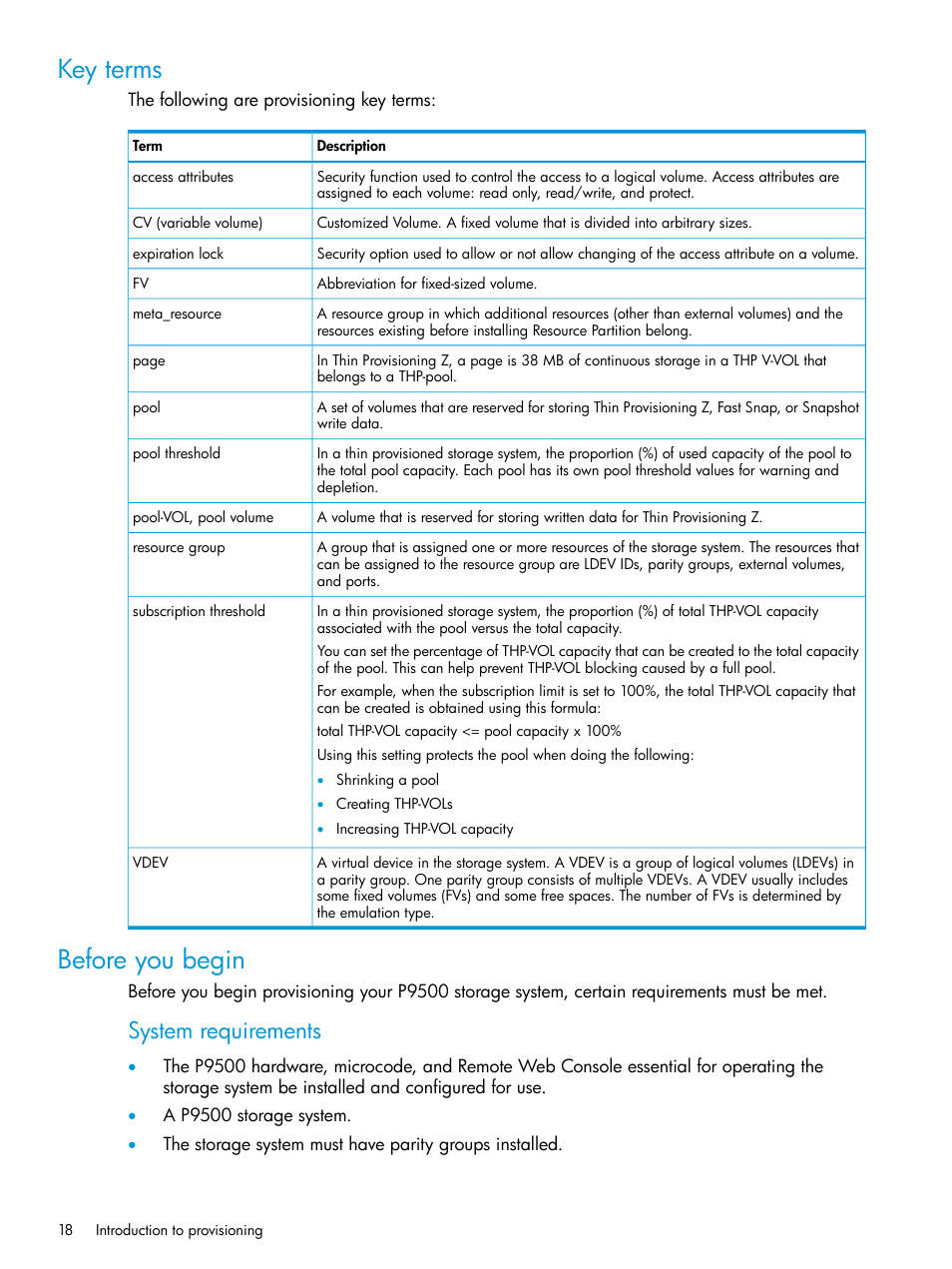 Key terms, Before you begin, Key terms before you begin | System requirements | HP XP P9500 Storage User Manual | Page 18 / 335