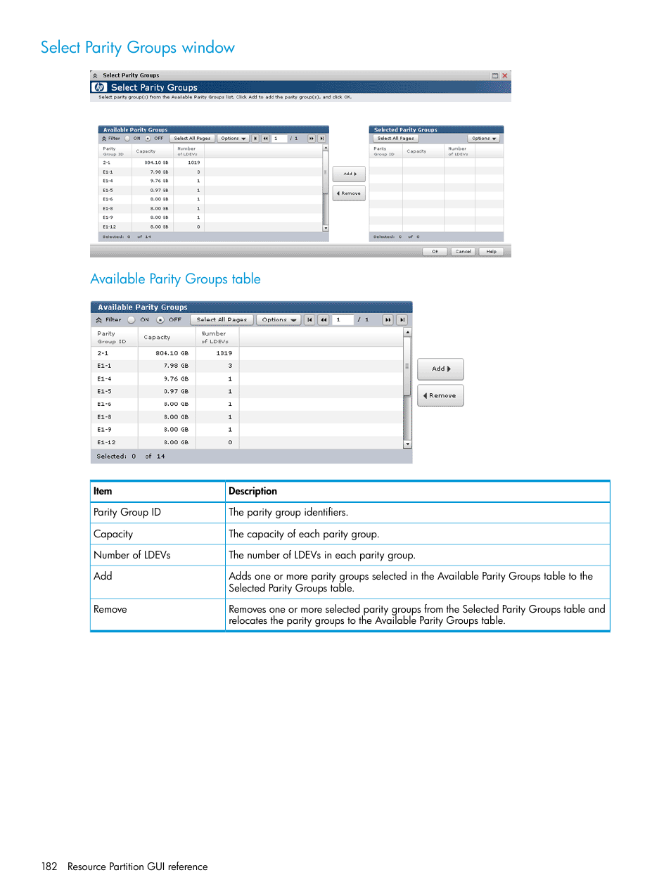 Select parity groups window, Available parity groups table | HP XP P9500 Storage User Manual | Page 182 / 335